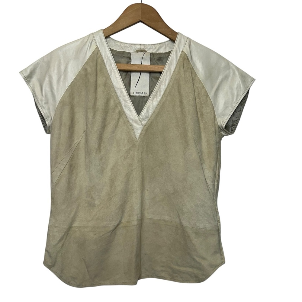 SINCLAIR 100% Leather Short Sleeve V Neck Top Size 42